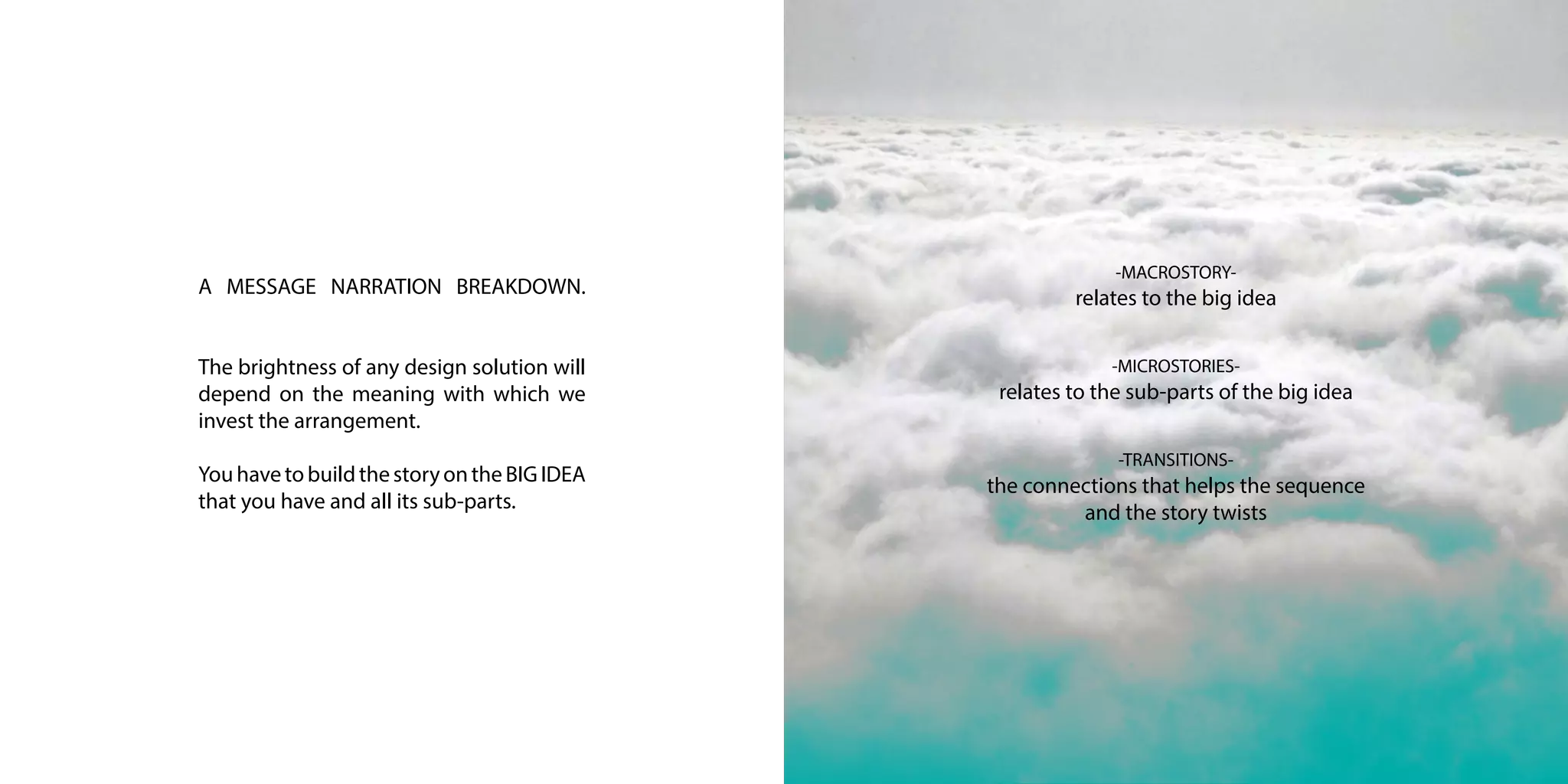 A MESSAGE NARRATION BREAKDOWN.
The brightness of any design solution will
depend on the meaning with which we
invest the arrangement.
YouhavetobuildthestoryontheBIGIDEA
that you have and all its sub-parts.
-MACROSTORY-
relates to the big idea
-MICROSTORIES-
relates to the sub-parts of the big idea
-TRANSITIONS-
the connections that helps the sequence
and the story twists
 