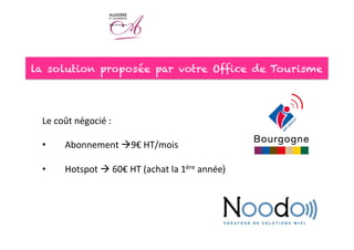 la solution proposée par votre Office de Tourisme
Le	
  coût	
  négocié	
  :	
  
	
  
•  Abonnement	
  à9€	
  HT/mois	
  
	
  
•  Hotspot	
  à	
  60€	
  HT	
  (achat	
  la	
  1ère	
  année) 

 