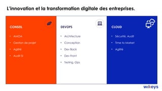 CONSEIL
• AMOA
• Gestion de projet
• Agilité
• Audit SI
DEVOPS
• Architecture
• Conception
• ​
Dev Back
• Dev Front
• ​
Testing, ​
Ops​
CLOUD
• Sécurité, Audit
• Time to Market
• Agilité
L’innovation et la transformation digitale des entreprises.
 