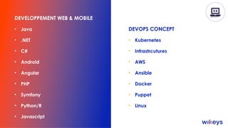 DEVELOPPEMENT WEB & MOBILE
• Java
• .NET
• C#
• Android
• Angular
• PHP
• Symfony
• Python/R
• Javascript
DEVOPS CONCEPT
• Kubernetes
• Infrastrcutures
• AWS
• Ansible
• Docker
• Puppet
• Linux
DEVOPS
 