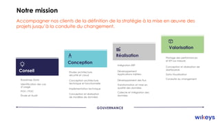 GOUVERNANCE
Notre mission
Accompagner nos clients de la définition de la stratégie à la mise en œuvre des
projets jusqu’à la conduite du changement.
Valorisation
Pilotage des performances
et KPI sur-mesure
Conception et réalisation de
dashboards
Data Visualisation
Conduite du changement
Réalisation
Intégration ERP
Développement
Applications métiers
Développement des flux
Transformation et mise en
qualité des données
Collecte et intégration des
données
Conception
Études architecture,
sécurité et cloud
Conception architecture
technique et fonctionnelle
Implémentation technique
Conception et réalisation
de modèles de données
Roadmap Data
Identification des cas
d’usage
POV / POC
Étude et Audit
Conseil
 