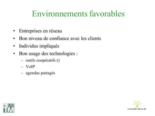 Environnements favorables Entreprises en réseau Bon niveau de confiance avec les clients Individus impliqués Bon usage des technologies : outils coopératifs () VoIP agendas partagés 
