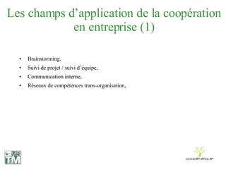 Les champs d’application de la coopération en entreprise (1) Brainstorming, Suivi de projet / suivi d’équipe, Communication interne, Réseaux de compétences trans-organisation, 