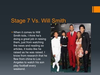 Stage 7 Vs. Will Smith
 When it comes to Will
Smith kids, I think he’s
doing a great job in raising
them, just from watching
the news and reading so
articles, it looks like he
raised as he was raised. I
know from research that he
flew from china to Los
Angeles to watch his son
play football every
weekend.
 