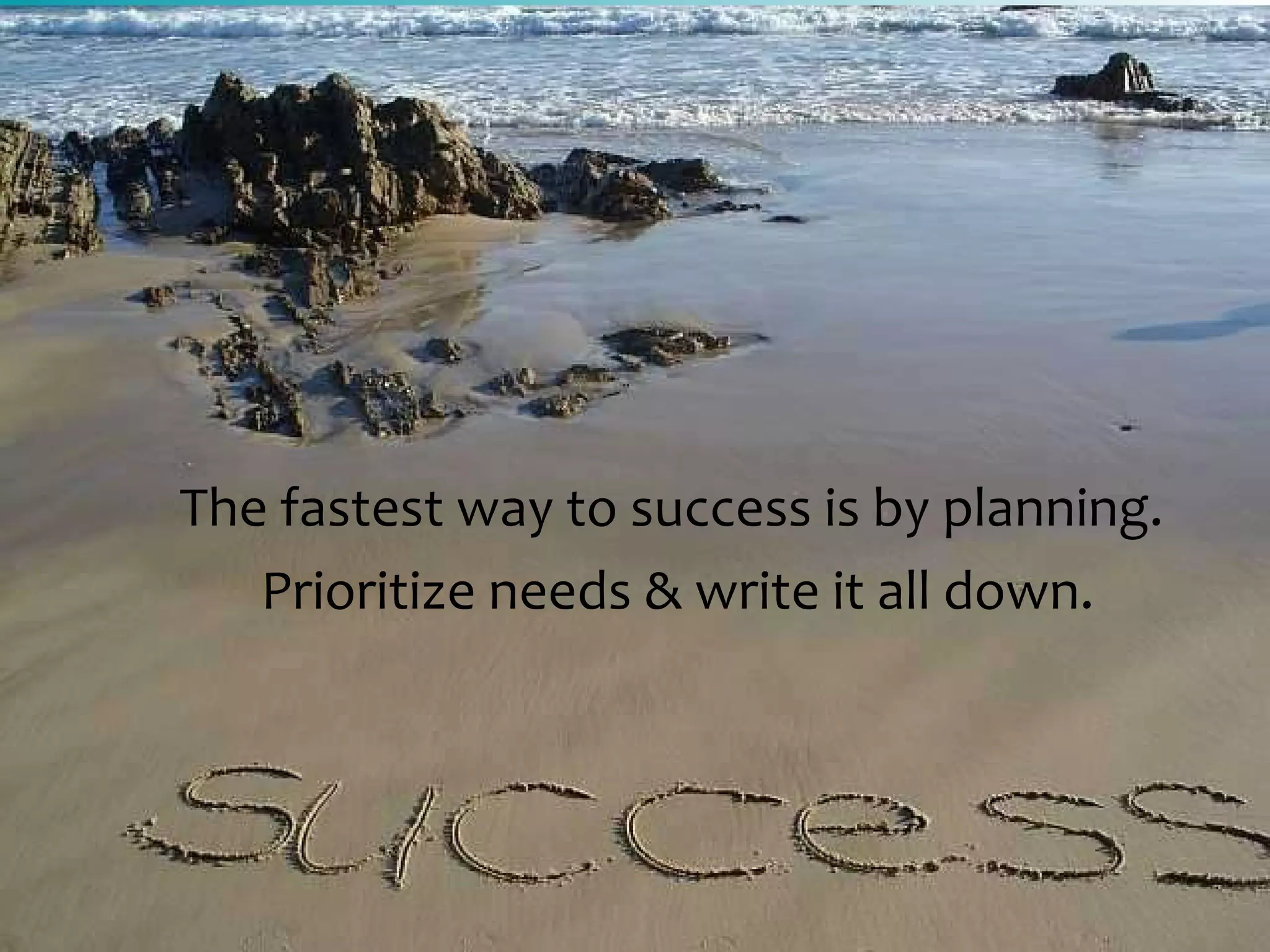 The fastest way to success is by planning.  Prioritize needs & write it all down. 