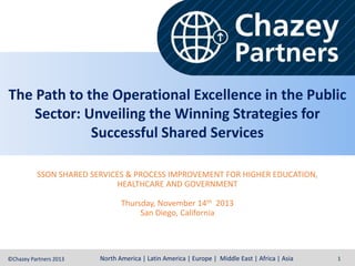 The Path to the Operational Excellence in the Public
Sector: Unveiling the Winning Strategies for
Successful Shared Services
SSON SHARED SERVICES & PROCESS IMPROVEMENT FOR HIGHER EDUCATION,
HEALTHCARE AND GOVERNMENT
Thursday, November 14th 2013
San Diego, California

©Chazey Partners 2013

North America | Latin America | Europe | Middle East | Africa | Asia

1

 