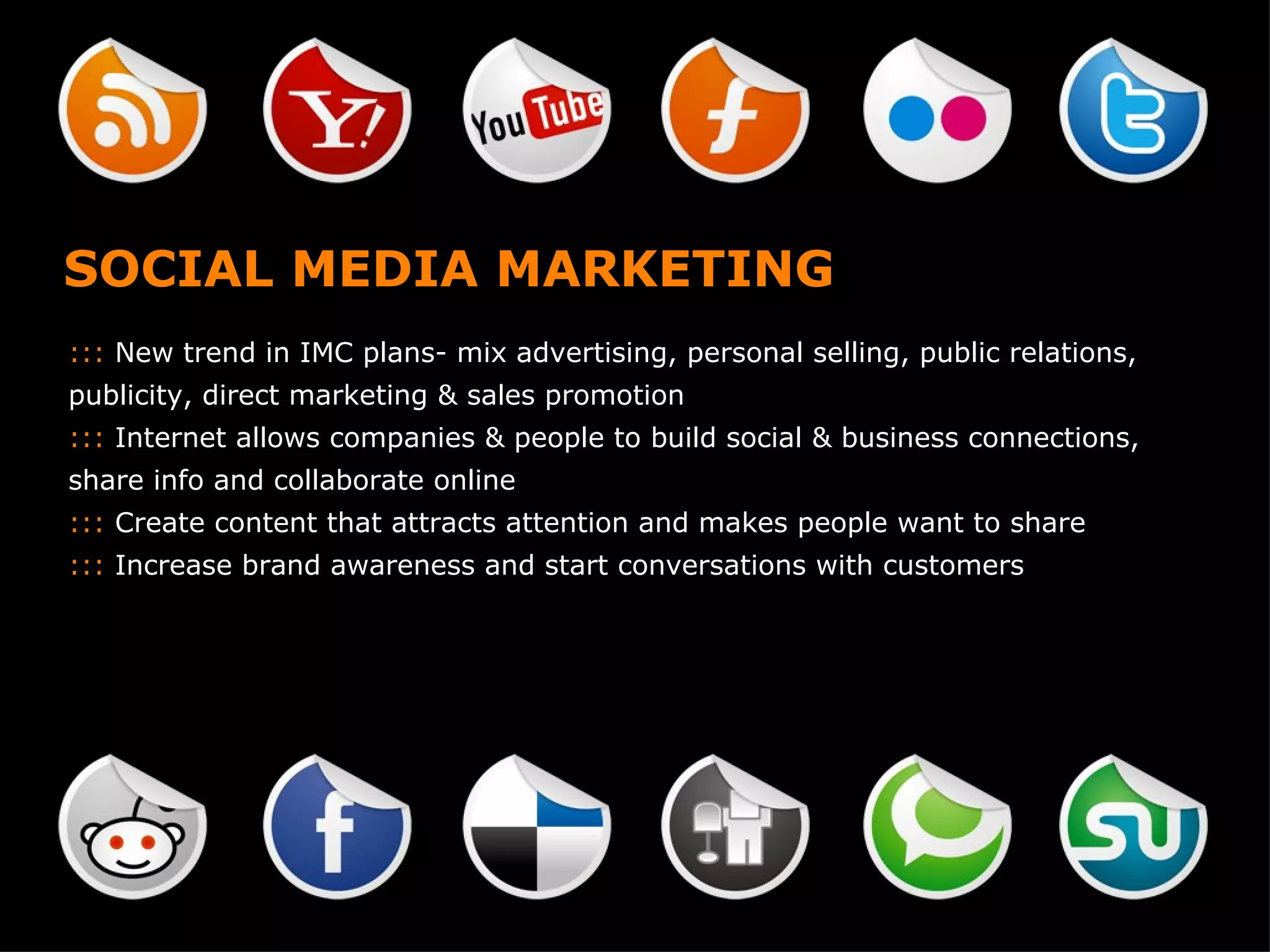 SOCIAL MEDIA MARKETING :::  New trend in IMC plans- mix advertising, personal selling, public relations, publicity, direct marketing & sales promotion :::  Internet allows companies & people to build social & business connections, share info and collaborate online :::  Create content that attracts attention and makes people want to share :::  Increase brand awareness and start conversations with customers 