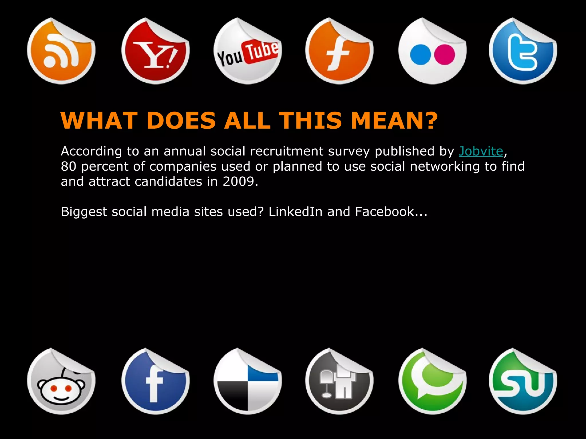 WHAT DOES ALL THIS MEAN? According to an annual social recruitment survey published by  Jobvite , 80 percent of companies used or planned to use social networking to find and attract candidates in 2009. Biggest social media sites used? LinkedIn and Facebook... 