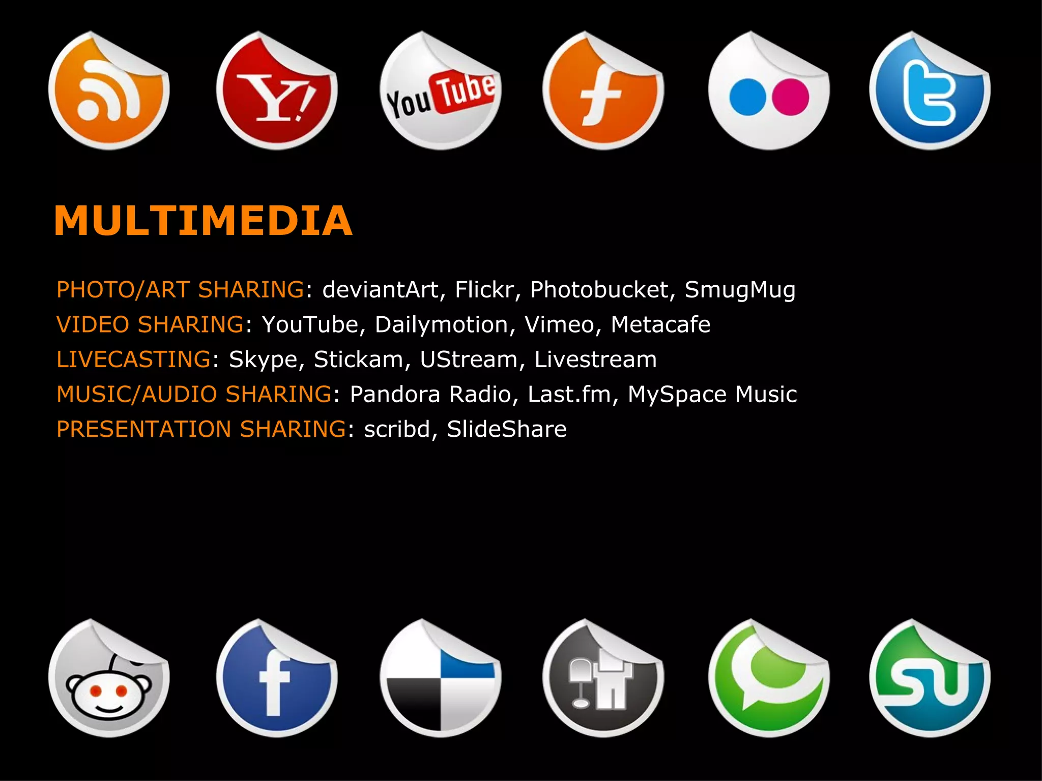 MULTIMEDIA PHOTO/ART SHARING : deviantArt, Flickr, Photobucket, SmugMug VIDEO SHARING : YouTube, Dailymotion, Vimeo, Metacafe LIVECASTING : Skype, Stickam, UStream, Livestream MUSIC/AUDIO SHARING : Pandora Radio, Last.fm, MySpace Music PRESENTATION SHARING : scribd, SlideShare 