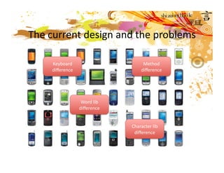 The current design and the problems 
•  Input diﬀerences between diﬀerent device 
   puzzled user 
         Keyboard               Method 
       diﬀerence                     diﬀerence 




                     Word lib 
                    diﬀerence 


                                 Character lib 
                                  diﬀerence 
 