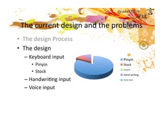 The current design and the problems 
•  The design Process 
•  The design 
  – Keyboard input            Pinyin 
     •  Pinyin                Stock 

     •  Stock 
                              Cang jie 

                              Hand wriMng 
  – HandwriMng input          Voice input 



  – Voice input  
 