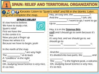 1
Karaoke. Listen to ‘Spain’s relief’ and fill in the blanks. Later,
sing and complete the map.
SPAIN’S RELIEF
It’s too hard to believe.
We have to study a lot.
Spain’s relief
First we have the __________________1
In the centre it is
Now you put a finger up
Show me where it is
Because we have to begin, yeah
In the north of the map
__________________2 are very high
The __________ 3 at its back
A “cordillera” in the right
the __________________4
Oh, studying Social Science is very nice,
it’s so nice.
Hey, an easy one, the _____________5,
And the __________________6 (oh, oh)
______________7, I want to go, I want to go
Up to __________________8
Hey, it is in the Sistemas Béti-
cos9 and I should go to swim because it’s
hot
it’s very hot, and we should go to, we
should go to
_________10, __________11, _________12.
___________, ____________, ____________.
And the __________________.
It’s divided into two parts, the _______ and
__________.
The ______13 is the highest peak, a volcano.
Oh, studying Social Science is very nice,
it’s so nice.
 