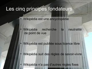 Les cinq principes fondateurs

Wikipédia est une encyclopédie

Wikipédia recherche la neutralité
de point de vue

Wikipédia est publiée sous licence libre

Wikipédia suit des règles de savoir-vivre

Wikipédia n’a pas d’autres règles fixes
 