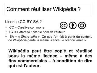 Comment réutiliser Wikipédia ?
Licence CC-BY-SA ?

CC = Creative commons

BY = Paternité : citer le nom de l'auteur

SA = « Share alike ». Ce que l'on fait à partir du contenu
de Wikipédia garde la même licence : « licence virale »
Wikipédia peut être copié et réutilisé
sous la même licence – même à des
fins commerciales – à condition de dire
qui est l'auteur.
 