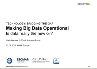 Page 1Spectos GmbH All rights reserved 2001-2018 ©
TECHNOLOGY: BRIDGING THE GAP
Making Big Data Operational
Is data really the new oil?
Niels Delater, CEO of Spectos GmbH
13.06.2018 WMX Europe
 