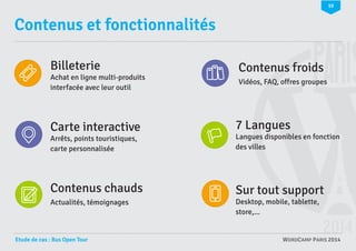 10

Contenus et fonctionnalités
Billeterie

Achat en ligne multi-produits
interfacée avec leur outil

Contenus froids
Vidéos, FAQ, offres groupes

Carte interactive

7 Langues

Arrêts, points touristiques,
carte personnalisée

Langues disponibles en fonction
des villes

Contenus chauds

Sur tout support

Actualités, témoignages

Etude de cas : Bus Open Tour

Desktop, mobile, tablette,
store,...

WORDCAMP PARIS 2014

 