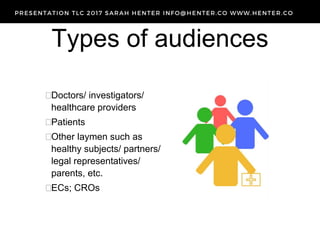 Types of audiences
Doctors/ investigators/
healthcare providers
Patients
Other laymen such as
healthy subjects/ partners/
legal representatives/
parents, etc.
ECs; CROs
 