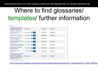 Where to find glossaries/
templates/ further information
http://www.ema.europa.eu/ema/index.jsp?curl=pages/regulation/document_listing/document_listing_000134.js
 