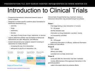Introduction to Clinical Trials
• Prospective biomedical or behavioral research study of
human subjects
• Designed to answer specific questions about biomedical or
behavioral interventions e.g.:
• vaccines,
• drugs,
• treatments,
• devices,
• new ways of using known drugs, treatments, or devices
• Used to determine whether new biomedical or behavioral
interventions are safe, efficacious, and effective
• Include behavioral human subjects research involving an
intervention to modify behavior
• increasing the use of an intervention
• willingness to pay for an intervention, etc.
Clinical trials of experimental drug, treatment, device or
behavioral intervention may proceed through four phases
Phase I
First stage testing a new intervention in humans
10 - 30 people
identify tolerable dose
information on drug metabolism, excretion, toxicity
not necessarily controlled
Phase II
30 - 100 people
preliminary information on efficacy, additional information
on safety and side effects
Phase III
100 + people
efficacy and safety
controlled and normally randomized
Phase IV
conducted after the intervention has been marketed
monitor effectiveness of the approved intervention in the
general population
collect information about any adverse effects
http://web.chem.ucla.edu/~harding/IGOC/C/clinical_trial.html
 