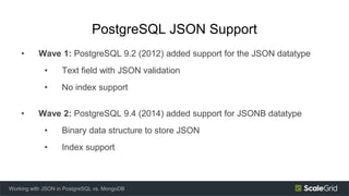 PostgreSQL JSON Support
• Wave 1: PostgreSQL 9.2 (2012) added support for the JSON datatype
• Text field with JSON validation
• No index support
• Wave 2: PostgreSQL 9.4 (2014) added support for JSONB datatype
• Binary data structure to store JSON
• Index support
Working with JSON in PostgreSQL vs. MongoDB
 