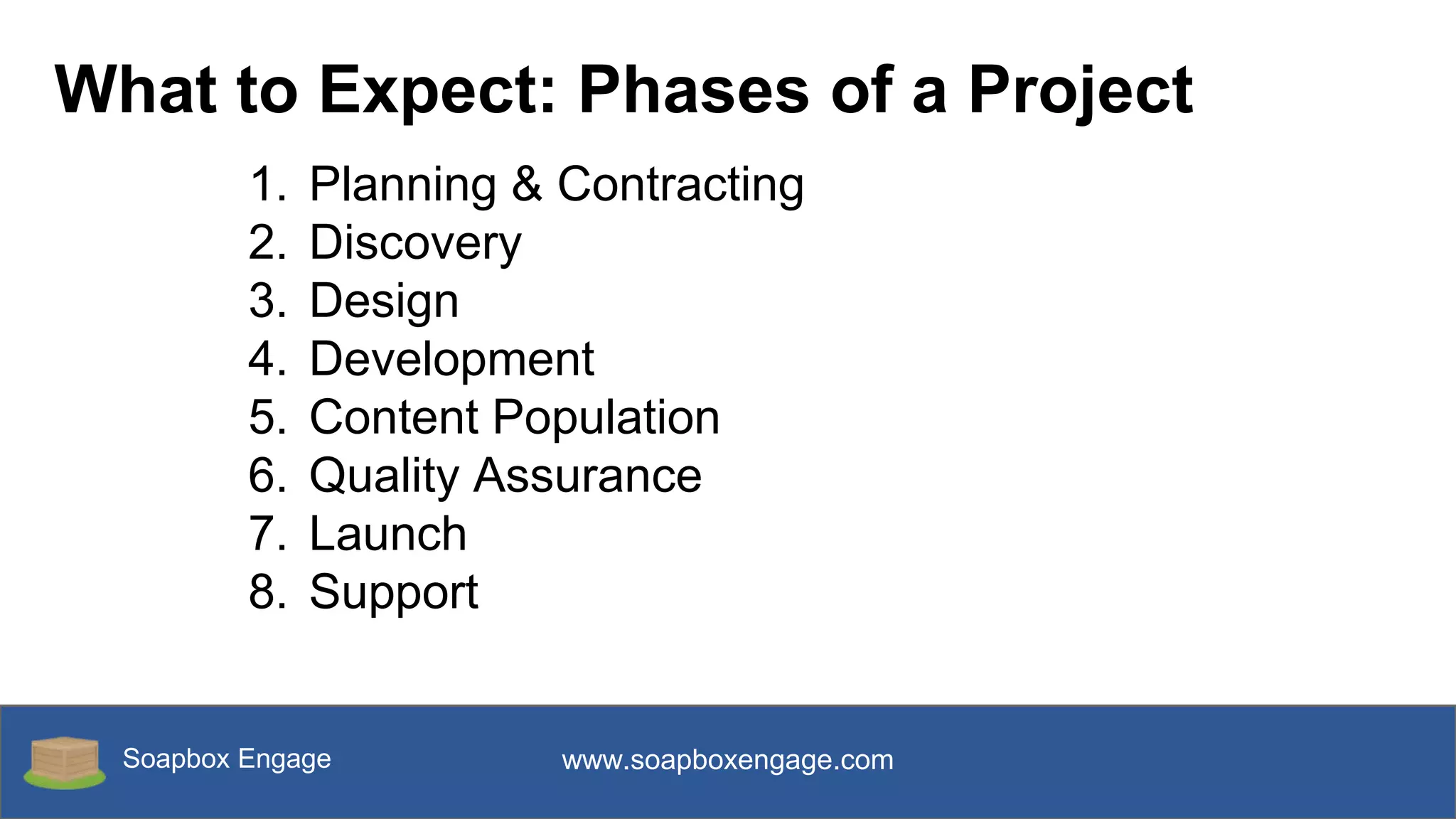 Soapbox Engage www.soapboxengage.com
What to Expect: Phases of a Project
1. Planning & Contracting
2. Discovery
3. Design
4. Development
5. Content Population
6. Quality Assurance
7. Launch
8. Support
 