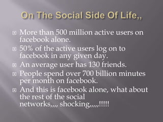 On The Social Side Of Life,,More than 500 million active users on facebook alone.50% of the active users log on to facebook in any given day.An average user has 130 friends.People spend over 700 billion minutes per month on facebook.And this is facebook alone, what about the rest of the social networks,,,, shocking,,,,,!!!!!