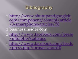Bibliographyhttp://www.shutupandgoogleit.com/component/content/article/3-smartphone-articles/58businessinsider.comhttp://www.facebook.com/press/info.php?statisticshttp://www.facebook.com/feeds/press.php?format=atom10