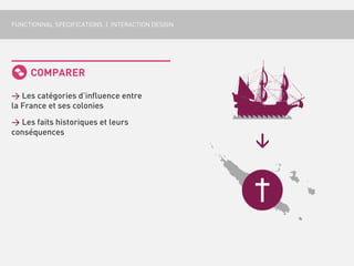 FUNCTIONNAL SPECIFICATIONS | INTERACTION DESIGN




     COMPARER

> Les catégories d’influence entre
la France et ses colonies

> Les faits historiques et leurs
conséquences
 