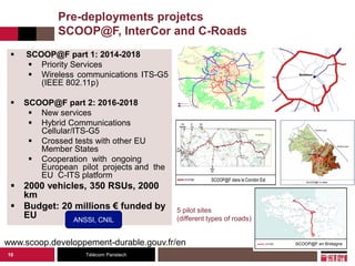 Télécom Paristech
 SCOOP@F part 1: 2014-2018
 Priority Services
 Wireless communications ITS-G5
(IEEE 802.11p)
 SCOOP@F part 2: 2016-2018
 New services
 Hybrid Communications
Cellular/ITS-G5
 Crossed tests with other EU
Member States
 Cooperation with ongoing
European pilot projects and the
EU C-ITS platform
 2000 vehicles, 350 RSUs, 2000
km
 Budget: 20 millions € funded by
EU
10
Pre-deployments projetcs
SCOOP@F, InterCor and C-Roads
www.scoop.developpement-durable.gouv.fr/en
5 pilot sites
(different types of roads)
ANSSI, CNIL
 