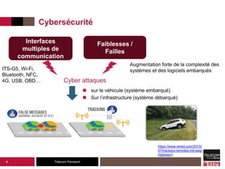 Télécom Paristech
4
Cybersécurité
Augmentation forte de la complexité des
systèmes et des logiciels embarqués
Interfaces
multiples de
communication
Faiblesses /
Failles
Cyber attaques
ITS-G5, Wi-Fi,
Bluetooth, NFC,
4G, USB, OBD…
Source : wired.com
 sur le véhicule (système embarqué)
 Sur l’infrastructure (système débarqué)
https://www.wired.com/2015/
07/hackers-remotely-kill-jeep-
highway/).
 