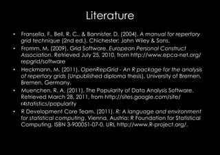 Literature
•  Fransella, F., Bell, R. C., & Bannister, D. (2004). A manual for repertory
   grid technique (2nd ed.). Chichester: John Wiley & Sons.
•  Fromm, M. (2009). Grid Software. European Personal Construct
   Association. Retrieved July 25, 2010, from http://www.epca-net.org/
   repgrid/software
•  Heckmann, M. (2011). OpenRepGrid - An R package for the analysis
   of repertory grids (Unpublished diploma thesis). University of Bremen,
   Bremen, Germany.
•  Muenchen, R. A. (2011). The Popularity of Data Analysis Software.
   Retrieved March 28, 2011, from http://sites.google.com/site/
   r4statistics/popularity
•  R Development Core Team. (2011). R: A language and environment
   for statistical computing. Vienna, Austria: R Foundation for Statistical
   Computing. ISBN 3-900051-07-0, URL http://www.R-project.org/.
 
