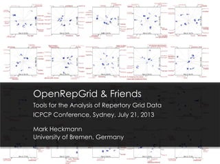 OpenRepGrid & Friends
Tools for the Analysis of Repertory Grid Data
ICPCP Conference, Sydney, July 21, 2013
Mark Heckmann
University of Bremen, Germany
 