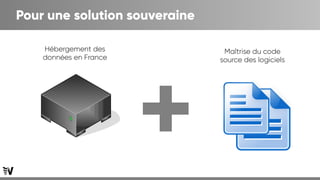 Pour une solution souveraine
Hébergement des
données en France
Maîtrise du code
source des logiciels
 