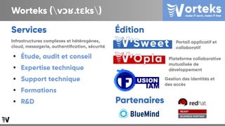 Worteks (v .t ks)ɔʁ.tɛks) ɛks)
Services
Infrastructures complexes et hétérogènes,
cloud, messagerie, authentification, sécurité

Étude, audit et conseil

Expertise technique

Support technique

Formations

R&D
Édition
Portail applicatif et
collaboratif
Plateforme collaborative
mutualisée de
développement
Gestion des identités et
des accès
Partenaires
 