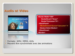 Audio et Video Formats: WMV, MPEG, AVIs Peuvent être synchronisés avec des animations <Border Width="400"  BorderBrush="Green"  BorderThickness="9"> <StackPanel> <MediaElement Source="aero.wmv" /> <Button>Hello</Button> </StackPanel> </Border> 