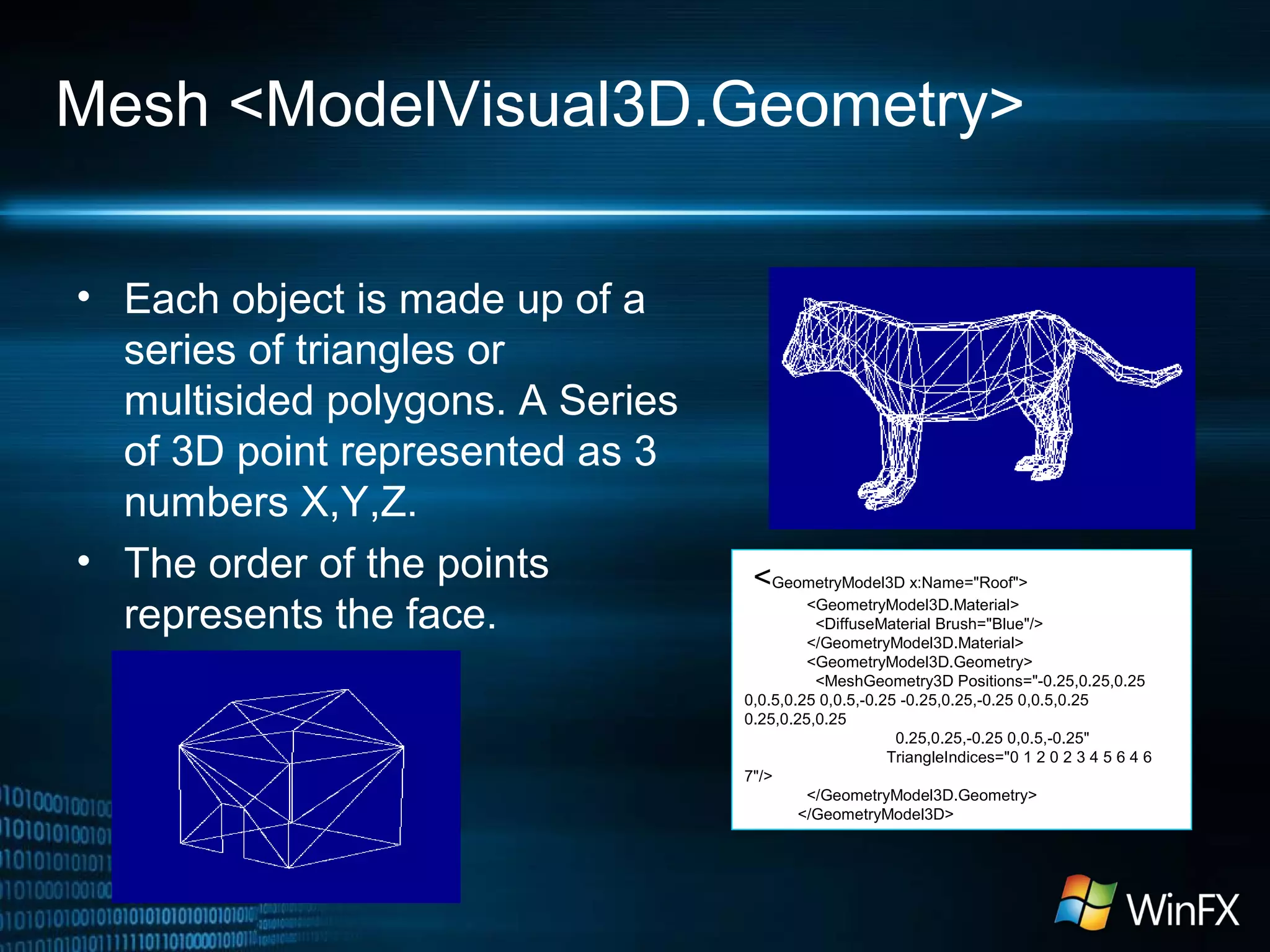 Mesh <ModelVisual3D.Geometry>
• Each object is made up of a
series of triangles or
multisided polygons. A Series
of 3D point represented as 3
numbers X,Y,Z.
• The order of the points
represents the face.
<GeometryModel3D x:Name="Roof">
<GeometryModel3D.Material>
<DiffuseMaterial Brush="Blue"/>
</GeometryModel3D.Material>
<GeometryModel3D.Geometry>
<MeshGeometry3D Positions="-0.25,0.25,0.25
0,0.5,0.25 0,0.5,-0.25 -0.25,0.25,-0.25 0,0.5,0.25
0.25,0.25,0.25
0.25,0.25,-0.25 0,0.5,-0.25"
TriangleIndices="0 1 2 0 2 3 4 5 6 4 6
7"/>
</GeometryModel3D.Geometry>
</GeometryModel3D>
 