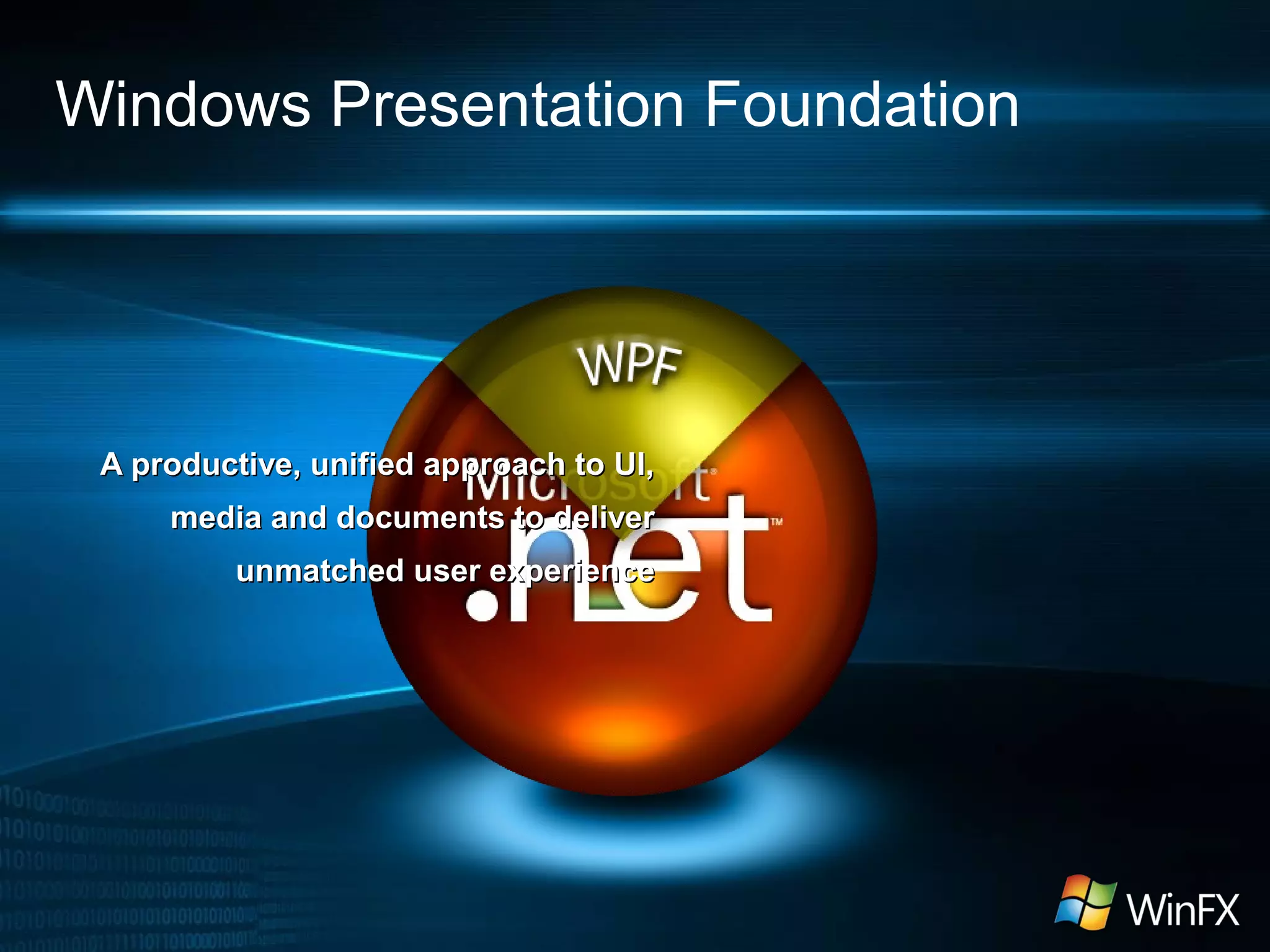 Windows Presentation Foundation
A productive, unified approach to UI,A productive, unified approach to UI,
media and documents to delivermedia and documents to deliver
unmatched user experienceunmatched user experience
 