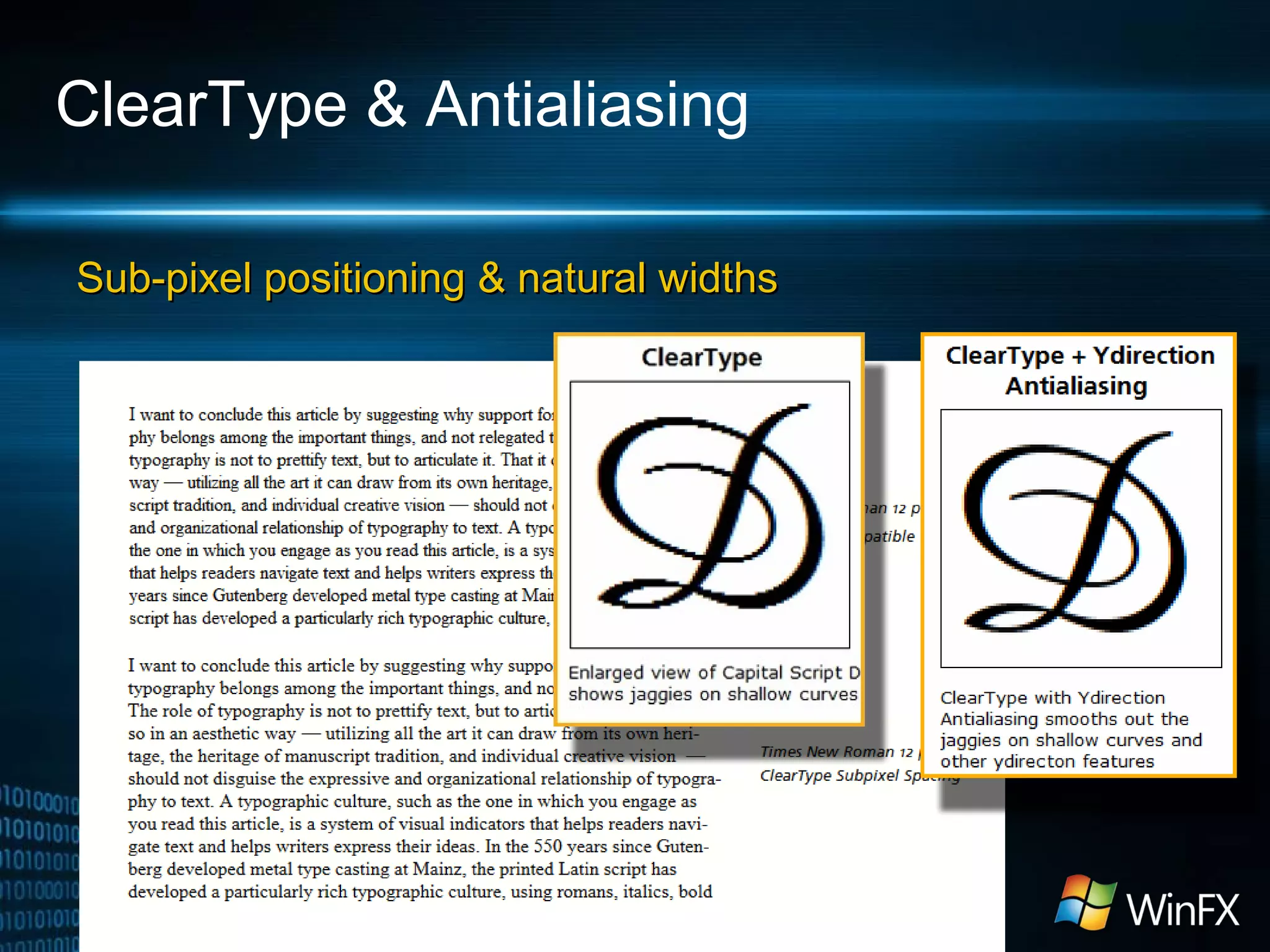 ClearType & Antialiasing
Sub-pixel positioning & natural widthsSub-pixel positioning & natural widths
 