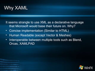 Why XAML
It seems strangle to use XML as a declarative language
that Microsoft would base their future on. Why?
• Concise implementation (Similar to HTML)
• Human Readable (except Vector & Meshes)
• Interoperable between multiple tools such as Blend,
Orcas, XAMLPAD
 