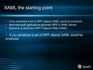 XAML the starting point
• If you serialized a set of WPF objects XAML would be produced.
• Most Microsoft applications generate WPF in XAML format.
• Elements & attributes (WPF+Objects+XML=XAML)
• If you serialized a set of WPF objects XAML would be
produced
 