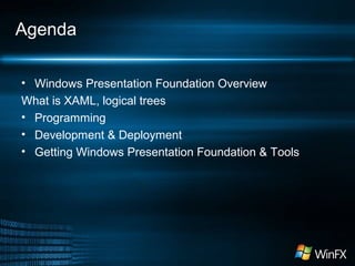 Agenda
• Windows Presentation Foundation Overview
What is XAML, logical trees
• Programming
• Development & Deployment
• Getting Windows Presentation Foundation & Tools
 