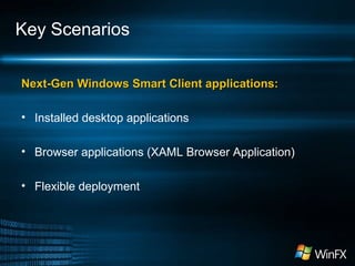 Key Scenarios
Next-Gen Windows Smart Client applications:Next-Gen Windows Smart Client applications:
• Installed desktop applications
• Browser applications (XAML Browser Application)
• Flexible deployment
 