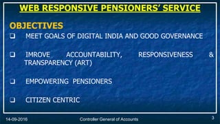 Controller General of Accounts14-09-2016
OBJECTIVES
 MEET GOALS OF DIGITAL INDIA AND GOOD GOVERNANCE
 IMROVE ACCOUNTABILITY, RESPONSIVENESS &
TRANSPARENCY (ART)
❑ EMPOWERING PENSIONERS
❑ CITIZEN CENTRIC
WEB RESPONSIVE PENSIONERS’ SERVICE
3
 
