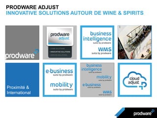Proximité &
International
PRODWARE ADJUST
INNOVATIVE SOLUTIONS AUTOUR DE WINE & SPIRITS
 