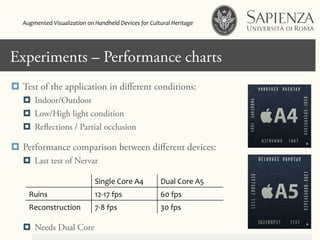 Click to edit Master title styleExperiments – Performance charts
¤  Test of the application in diﬀerent conditions:
¤  Indoor/Outdoor
¤  Low/High light condition
¤  Reflections / Partial occlusion
¤  Performance comparison between diﬀerent devices:
¤  Last test of Nervar
¤  Needs Dual Core
Augmented	
  Visualization	
  on	
  Handheld	
  Devices	
  for	
  Cultural	
  Heritage	
  	
  
Single	
  Core	
  A4	
   Dual	
  Core	
  A5	
  
Ruins	
   12-­‐17	
  fps	
   60	
  fps	
  
Reconstruction	
   7-­‐8	
  fps	
   30	
  fps	
  
 