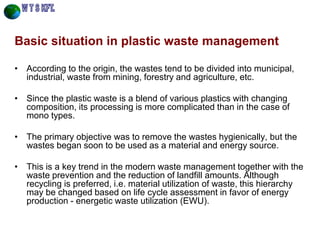 Basic situation in plastic waste management 
•According to the origin, the wastes tend to be divided into municipal, industrial, waste from mining, forestry and agriculture, etc. 
•Since the plastic waste is a blend of various plastics with changing composition, its processing is more complicated than in the case of mono types. 
•The primary objective was to remove the wastes hygienically, but the wastes began soon to be used as a material and energy source. 
•This is a key trend in the modern waste management together with the waste prevention and the reduction of landfill amounts. Although recycling is preferred, i.e. material utilization of waste, this hierarchy may be changed based on life cycle assessment in favor of energy production - energetic waste utilization (EWU).  