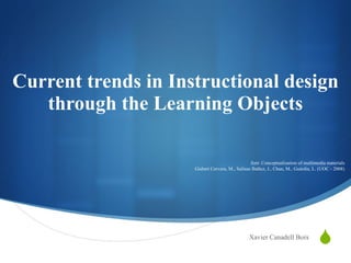 Current trends in Instructional design through the Learning Objects Xavier Canadell Boix font: Conceptualization of multimedia materials Gisbert Cervera, M., Salinas Ibáñez, J., Chan, M., Guàrdia, L. (UOC - 2008) 