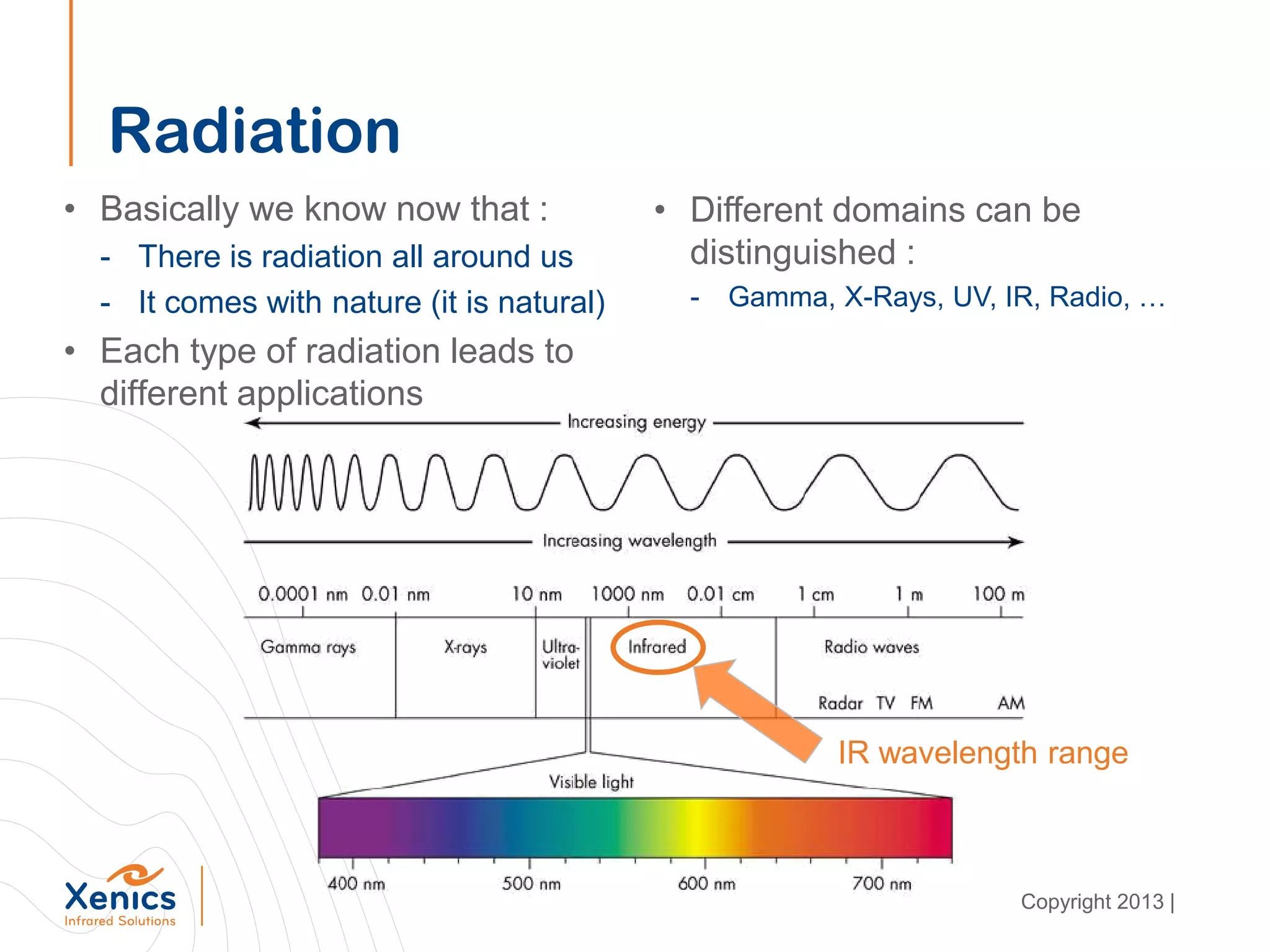 Radiation
• Basically we know now that :
- There is radiation all around us
- It comes with nature (it is natural)
• Each type of radiation leads to
different applications
• Different domains can be
distinguished :
- Gamma, X-Rays, UV, IR, Radio, …
IR wavelength range
Copyright 2013 |
 