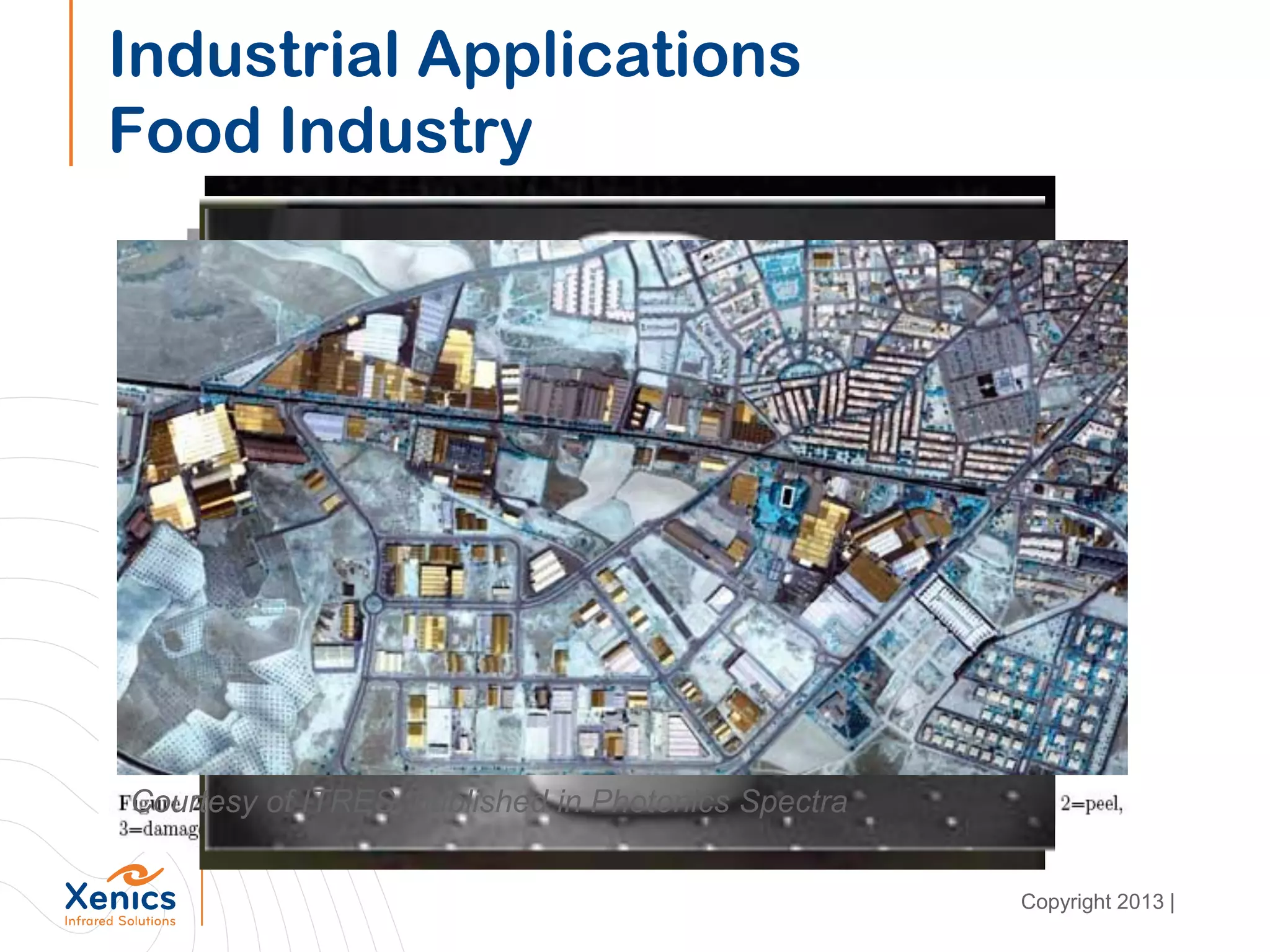 Industrial Applications
Food Industry
Classification
Greenish:
Higher moisture,
Softer
Reddish:
Lower moisture,
higher protein,
Harder
Heterogenous
sample sets
Courtesy of ITRES, published in Photonics Spectra
Copyright 2013 |
 