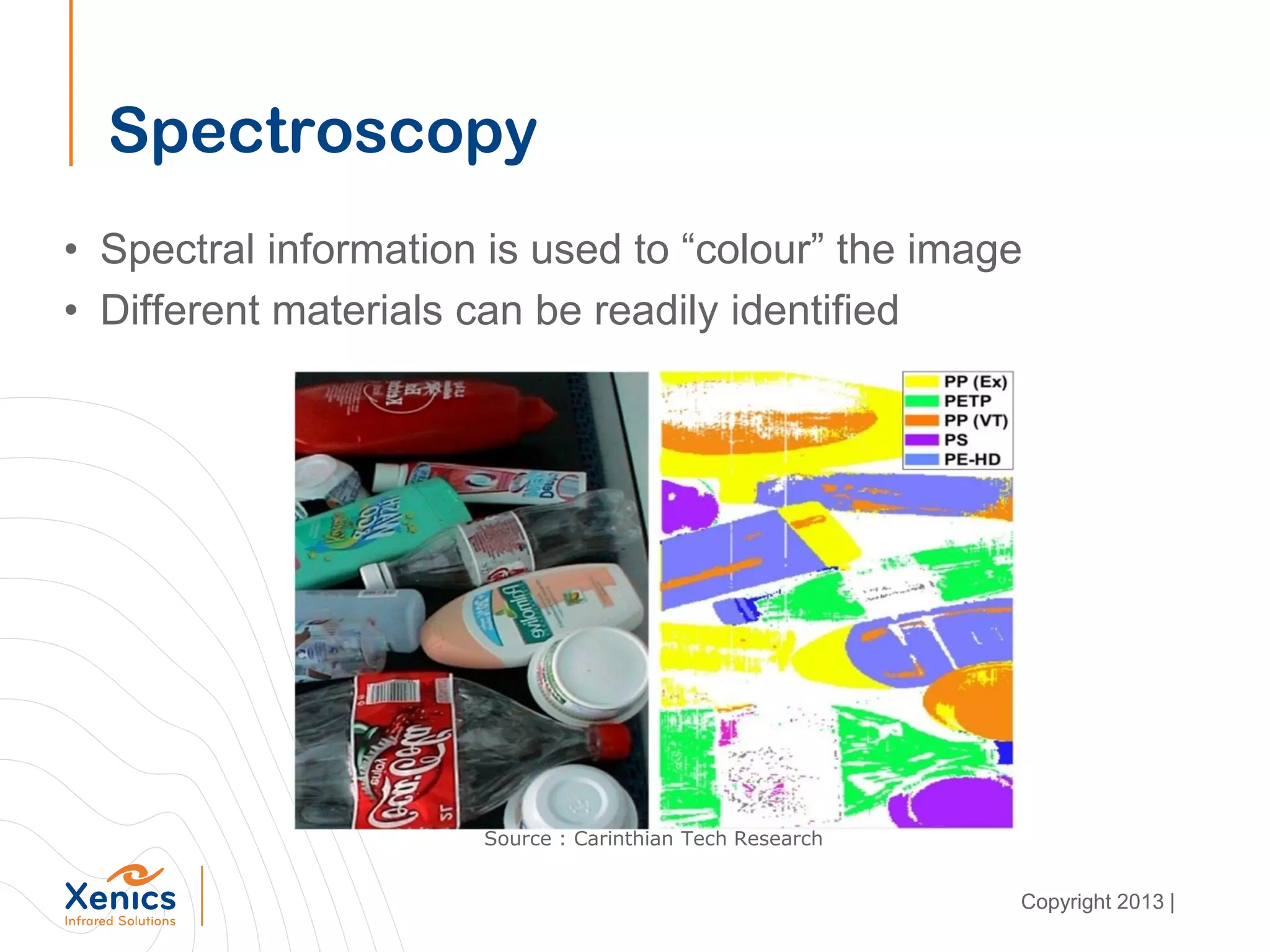 Spectroscopy
• Spectral information is used to “colour” the image
• Different materials can be readily identified
Source : Carinthian Tech Research
Copyright 2013 |
 
